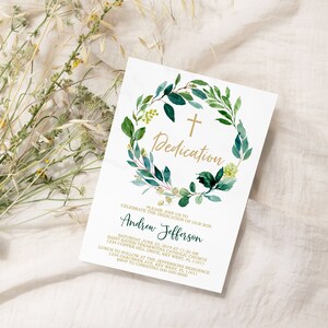 Invitation à la dédicace à l’eucalyptus, modèle de verdure florale imprimable MODIFIABLE, baptême de garçon vert et or, dédicace neutre TÉLÉCHARGEMENT INSTANTANÉ
