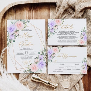 Blush Pink & Violet Flowers Wedding Invitation Set, EDITABLE Printable Boho Floral and Gold Frame Wedding Template, RSVP Détails Merci
