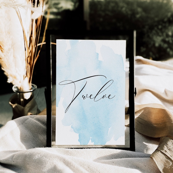 Blue Watercolor Wedding Table Numbers, EDITABLE Template, Printable Calligraphy Script Modern Card, Rustic Simple Place Card, Bridal Shower