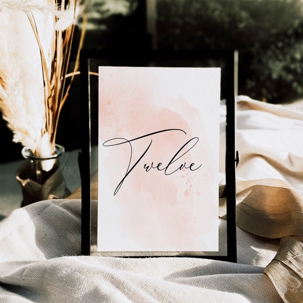 Blush Watercolor Wedding Table Numbers, EDITABLE Template, Printable Calligraphy Script Modern Card, Rustic Simple Place Card, Bridal Shower