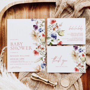 Conjunto de invitaciones para baby shower con flores silvestres / Plantilla editable / Paquete de evento con flores rojas y blancas imprimibles / Flores azules estilo boho para baby shower