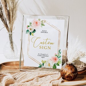 Unbegrenzte florale Dusche Zeichen, EDITIERBARE Vorlage, weiße Blumen & Gold benutzerdefinierte Zeichen, druckbar, 5x7, 8x10, Blush Pink Rose Floral Baby Brunch