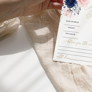 Jeu de pronostics et de conseils pour bébé floral rose poudré et bleu marine, modèle MODIFIABLE, activités de brunch imprimables, carte fleurs roses bleues cadre doré