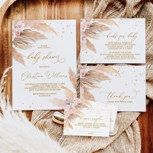 Ensemble d'invitations pour baby shower d'herbe de la pampa | Modèle MODIFIABLE | Suite d'invitations imprimable Boho Girl | Fleurs bohème rose poudré et paillettes dorées