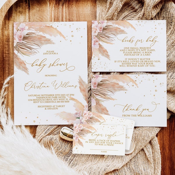 Pampas Grass Baby Shower Invitation Set, EDITABLE Template, Printable Bohemian Girl Invite Suite, Boho Blush Pink Flowers & Gold Glitter