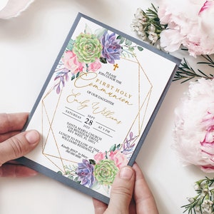 Sukkulente Floral Erste Heilige Kommunion Einladung, EDITIERBARE Vorlage, Blush Pink Rose & Lila Blumen Printable Mädchen Taufe, Goldrahmen