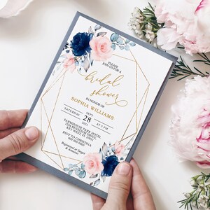 Blush Pink & Navy Floral Bridal Shower Invitation, EDITABLE Template, Gold Frame Printable Brunch Invite, Blue Rose Flowers, Hens Night Card
