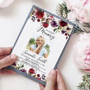 Burgundy Floral Funeral Invitation Template: Printable Memorial Announcement (Instant Download)