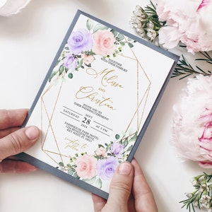 Blush Pink & Violet Blumen Hochzeitseinladung, EDITIERBARE druckbare Boho Floral und Goldrahmen Hochzeitsvorlage, elegante rustikale Hochzeit