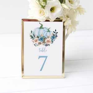 Blaue Kürbis Tischnummern, EDITIERBARE Vorlage, druckbare Blau & Elfenbein Herbst Herbst Vorlage, Baby Shower, Braut Brunch, Hochzeit, Geburtstag