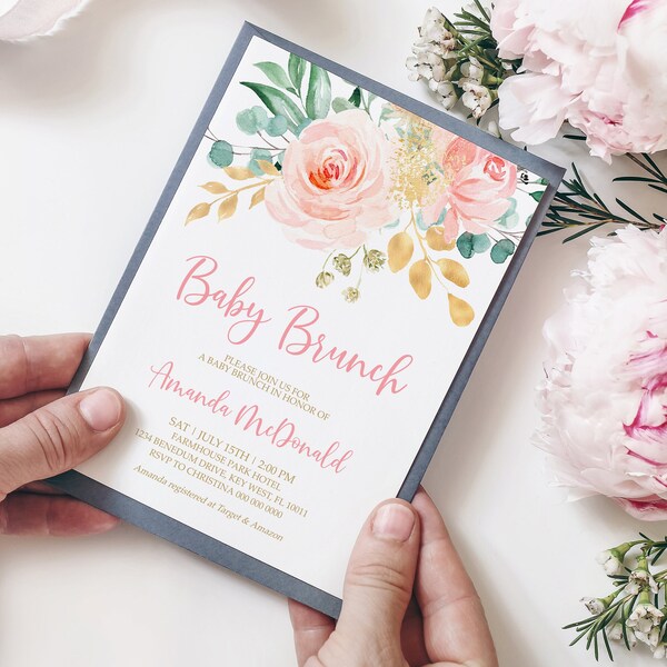 Blush Pink Floral Baby Brunch Invitation, EDITABLE Boho Printable Girl Shower Invite Template, Rose Flowers and Eucalyptus, INSTANT DOWNLOAD