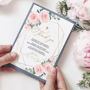 Blush Pink Blumen & Gold Rahmen Erstkommunion Dankeschön, EDITIERBARE Vorlage, druckbare Blumen Dankeskarte, Rose und Gold Rahmen