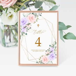 Blush Pink & Violet Blumen Tischnummern, EDITIERBARE Vorlage, druckbare Boho Lila Rose Sitzkarten, Lavendel Blumen Taufe, Gold Kreuz