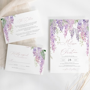 Elegant Purple Wisteria Wedding Invitation, EDITABLE DIY Printable Lavender Floral Template, RSVP and Details, Violet Flowers Program
