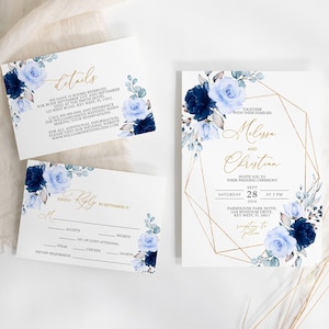 Set di inviti di nozze floreali blu navy e oro, modello modificabile, invito a nozze stampabile con cornice in oro e rosa blu, dettagli RSVP grazie