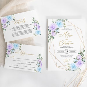 Blauwe en paarse bloemen bruiloft uitnodigingsset, BEWERKBARE afdrukbare boho bloemen en gouden lijst bruiloft uitnodigingssjabloon, RSVP-details bedankt