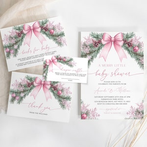 Ein fröhliches kleines Babyparty-Einladungsset, EDITIERBARE Vorlage, Winterkiefer und Schneeflocke zum Ausdrucken Einladen, Weihnachtspink Bow Girl Brunch