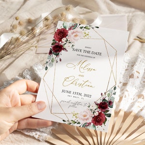 Marsala & Blush Pink Floral Save the Date Einladung, EDITIERBARE Vorlage, Boho Blumen druckbare Hochzeitsdatumskarte, Goldrahmen Kalligraphie