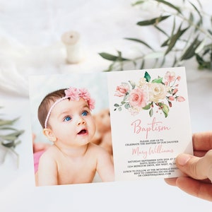 Blush Pink Foto Taufe Einladung, EDITIERBARE Vorlage, Mädchen Floral druckbare Taufe einladen, Rose Widmung Einladung, INSTANT DOWNLOAD