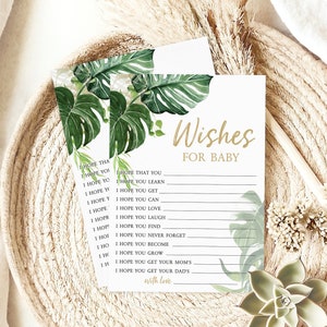 Życzenia dla dziecka z tropikalną zielenią | Edytowalny kwiatowy szablon pamiątkowy na baby shower | Tropikalny wieniec do wydrukowania