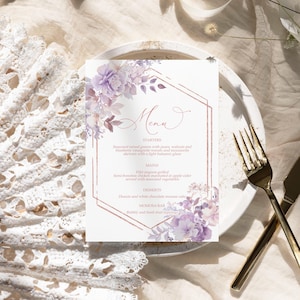 Menú floral morado / Plantilla EDITABLE / Menú de boda imprimible / Brunch nupcial, baby shower, cumpleaños, bautismo con rosas violetas