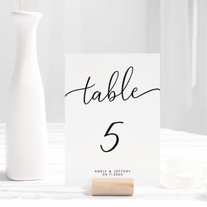 Numéros de table de mariage minimalistes, modèle modifiable, carte moderne de script de calligraphie imprimable, carte de place simple rustique, bébé, douche nuptiale