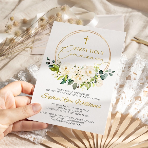 First Holy Communion Invitation, EDITABLE Template, White Flowers Printable Baptism Invite, Greenery Girl Dedication, Gold, Instant download