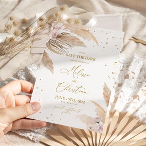 Invitación para guardar la fecha con hierba de la pampa / Plantilla editable con confeti dorado y rosa estilo bohemio / Tarjeta de fecha para boda con escritura moderna