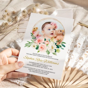 Erstkommunion Einladung, EDITIERBARE druckbare Foto-Taufe-Vorlage, Blush Pink Girl Widmung, Gold, Sofortiger download