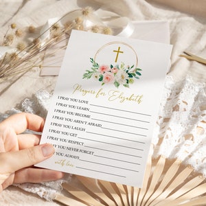 Orações florais para cartões de anotações de bebês, modelo Editadle, cartão de conselhos para chá de bebê, batismo, blush rosa floral e dourado, download instantâneo