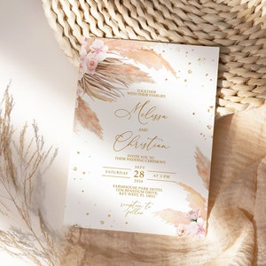 Pampas Grass Wedding Invitation, EDITABLE Template, Printable Gold Confetti & Pink Rose Wedding Invite, Bohemian Wedding Instant Download zdjęcie 1
