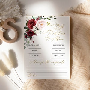 Jeu de prédictions et de conseils pour bébé floral rose marsala et blush, modèle MODIFIABLE, activités de brunch imprimables, carte fleurs roses rouges bordeaux