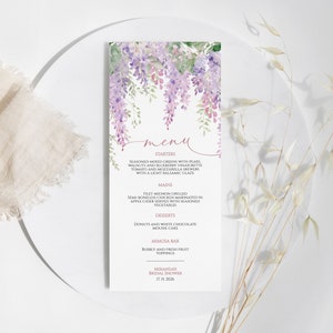 Eleganckie Fioletowe Menu Wisteria, EDYTOWALNY Szablon, Wydrukowane Menu Ślubne, Boho Fioletowy Kwiatowy Brunch Ślubny, Baby Shower, Urodziny, Chrzest
