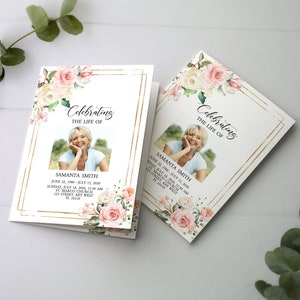 Modèle de programme funéraire rose fard à joues, programme commémoratif modifiable, imprimable, programme de nécrologie florale, carte mémoire aimante, téléchargement immédiat