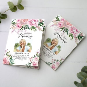 Modelo de programa de funeral de rosas cor-de-rosa | Programa memorial imprimível EDITÁVEL | Programa de obituário floral | Cartão de memória amorosa | Baixar