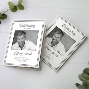 May include: Black and white funeral program with a photo of a man and the text "Celebrating the life of Jeffery Smith" and details of the funeral service.