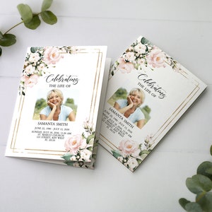 Modèle de programme funéraire Blush Rose, programme commémoratif modifiable, imprimable, programme de nécrologie florale, carte mémoire aimante, téléchargement immédiat