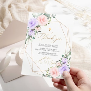 Blush Pink & Violet Blumen Erstkommunion Dankeschön, EDITIERBARE Vorlage, druckbare Blumen Dankeskarte, Lila Rose und Gold Rahmen