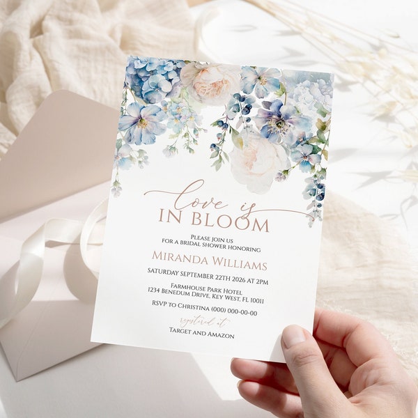 Love is in Bloom Bridal Shower Invitation, EDITABLE Template, Printable Elegant Blue Hydrangea Brunch Invite, Boho Dusty Blue Floral Card