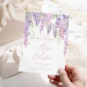 Elegante lila Glyzinie Save the Date Einladung, EDITIERBARE druckbare Lavendelblumen Hochzeitsdatumsvorlage, Violet Floral INSTANT DOWNLOAD