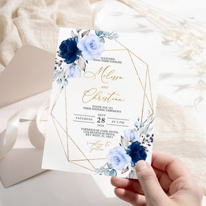 Navy Blue & Gold Floral Wedding Invitation, EDITABLE Template, Printable Blue Rose and Gold Frame Wedding Invite, Elegant Rustic Wedding