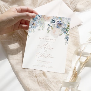 Elegante blaue Hortensien-Save-the-Date-Einladung, EDITIERBARE druckbare Dusty Blue Flowers Hochzeitsdatumsvorlage, Blush Rose, SOFORTIGER DOWNLOAD