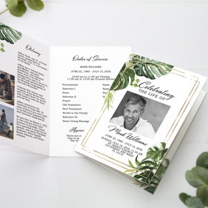 Modelo de programa funerário tropical, EDITÁVEL, programa memorial para impressão, programa de obituário de vegetação, cartão de memória amoroso, download instantâneo