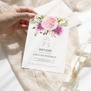 Convite de aniversário de 75 anos com flores de lavanda | Modelo floral EDITÁVEL | Convite de aniversário para impressão para mulheres | Cartão de comemoração para qualquer idade