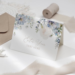 Blaue Hortensie Buffetkarte, bearbeitbare druckbare elegante staubblaue Blumen Lebensmitteletikettenvorlage, blush Rose Blumen DIY Buffetzeltkarte