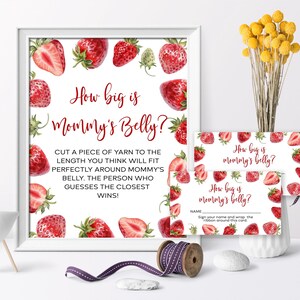 Jogo de morango Qual o tamanho da barriga da mamãe | Jogo de chá de bebê editável para impressão e cartões de resposta | Floral de frutas vermelhas em aquarela