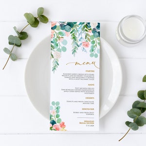 Menu verdure, modèle MODIFIABLE, menu de mariage imprimable eucalyptus, brunch de mariée rose blanc et rose, baby shower, anniversaire, baptême