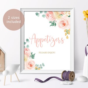 Blush Pink und Gold Vorspeisen Zeichen, druckbare Mädchen Party Essen Vorlage, Boho Taufe, Floral Braut Brunch, Rose Sprinkle INSTANT DOWNLOAD