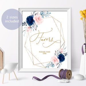 Blush rosa & marine Blumen Gastgeschenke Zeichen, druckbare Party Karte, Boho Blumen Mädchen Taufe Vorlage, Blaue Rose Brautparty, Goldrahmen Baby Schild