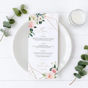 Menú Boho Blush Pink Flowers, Plantilla EDITABLE, Menú de boda imprimible, Brunch nupcial floral rosa y blanco, Baby Shower con marco dorado, Cumpleaños